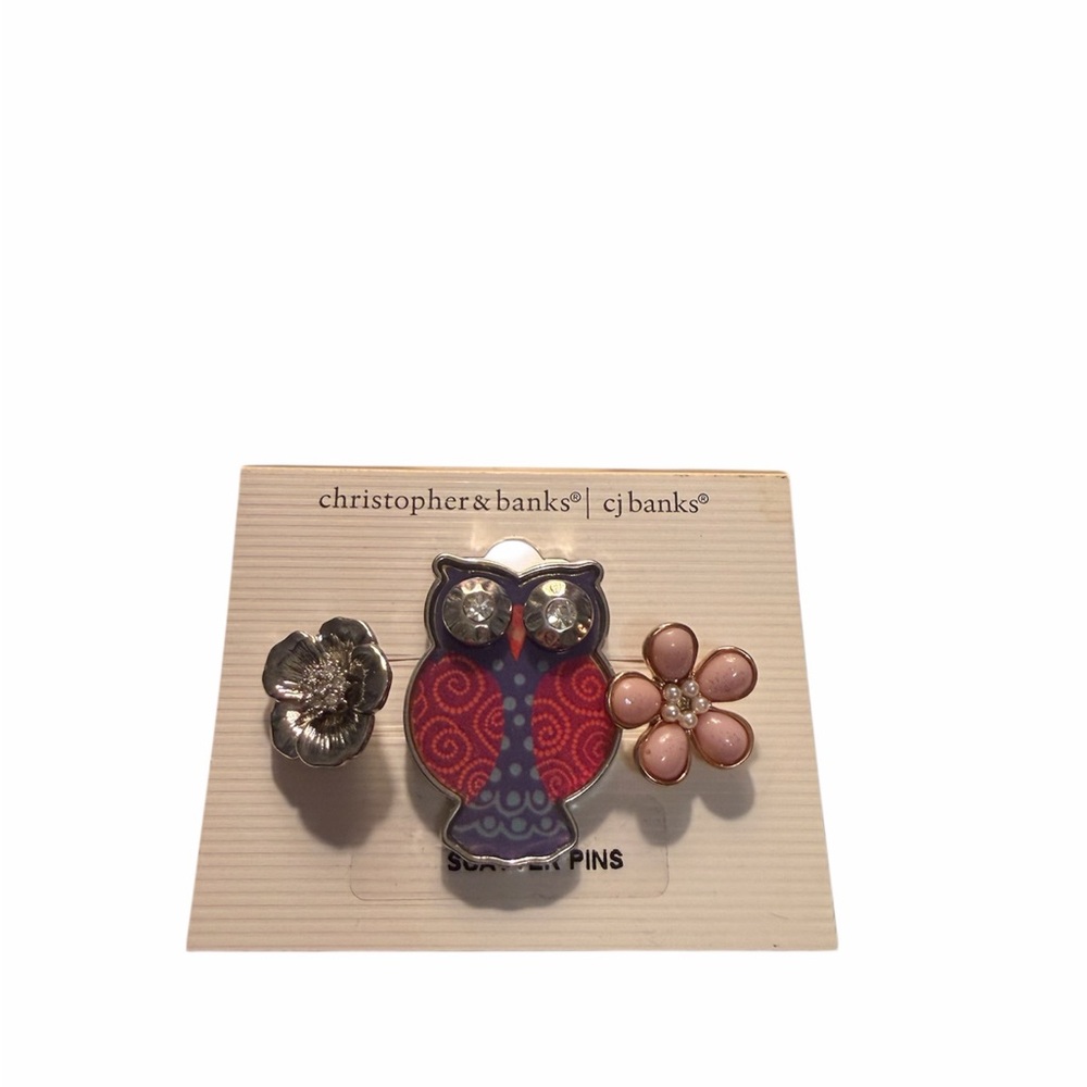 Christopher & Banks Pink Owl and Mixed Floral Pin Trio